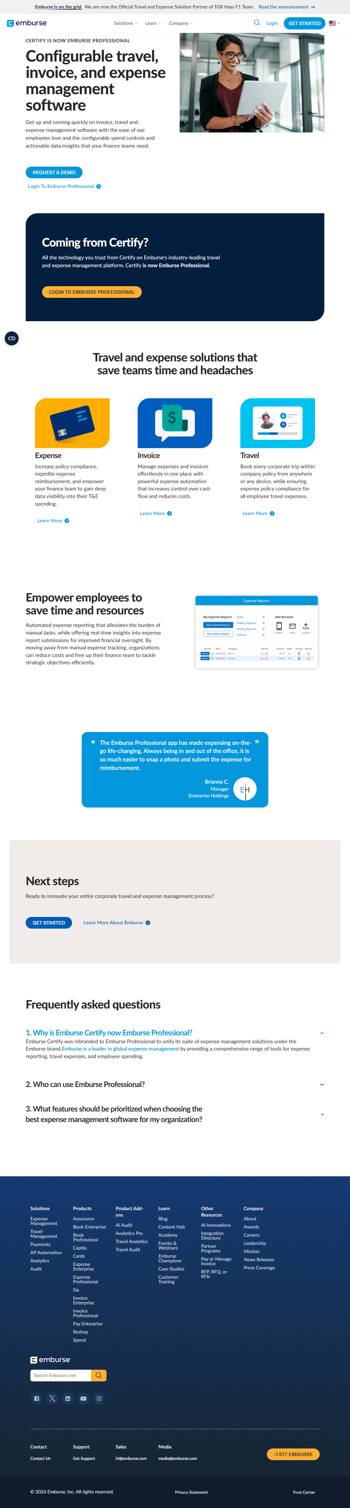 Fresh live Emburse Certify is Professional page capture at a 1200-pixel desktop viewport